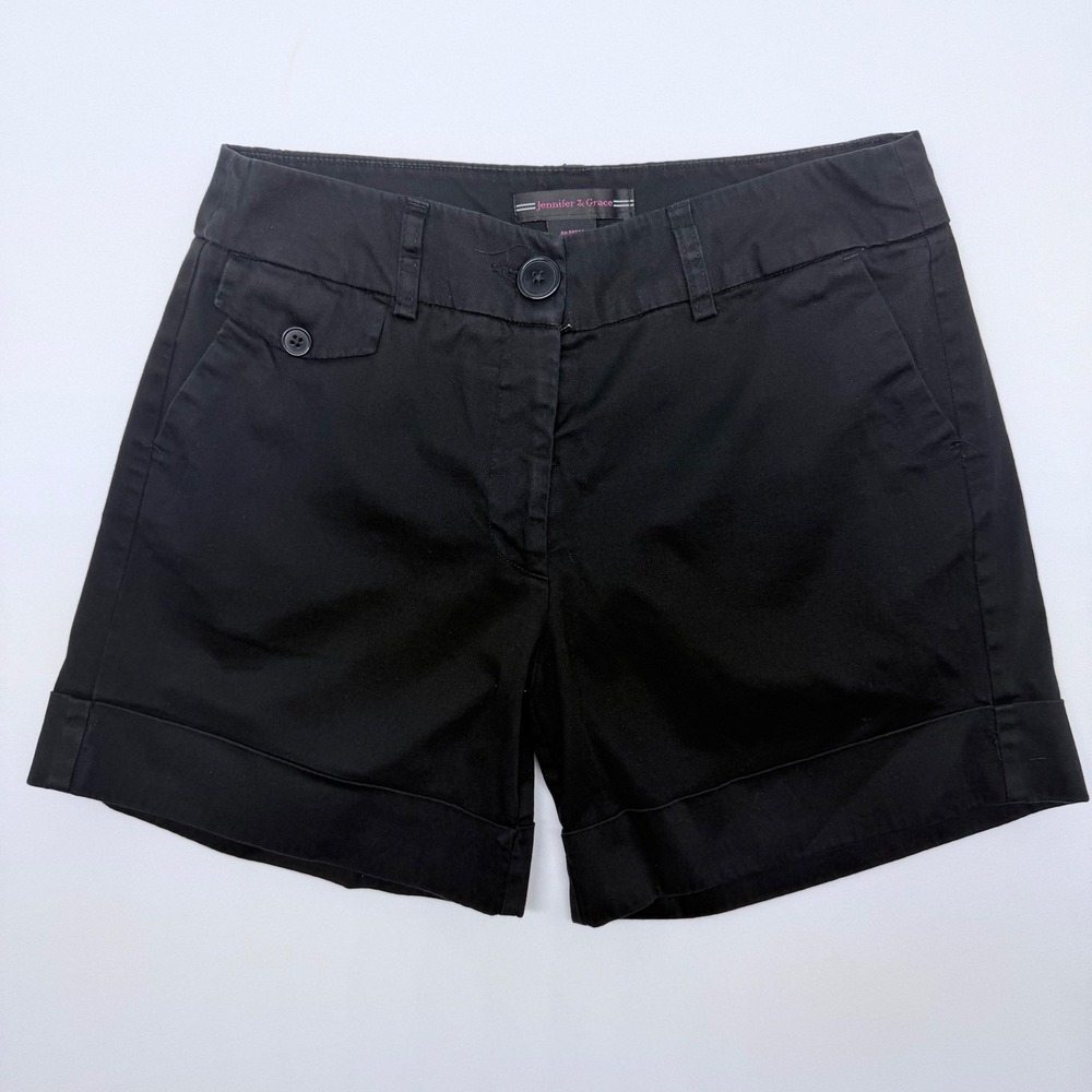 Jennifer & Grace Womens Black Cuffed Chino Shorts Size 6 Cotton Stretch Casual